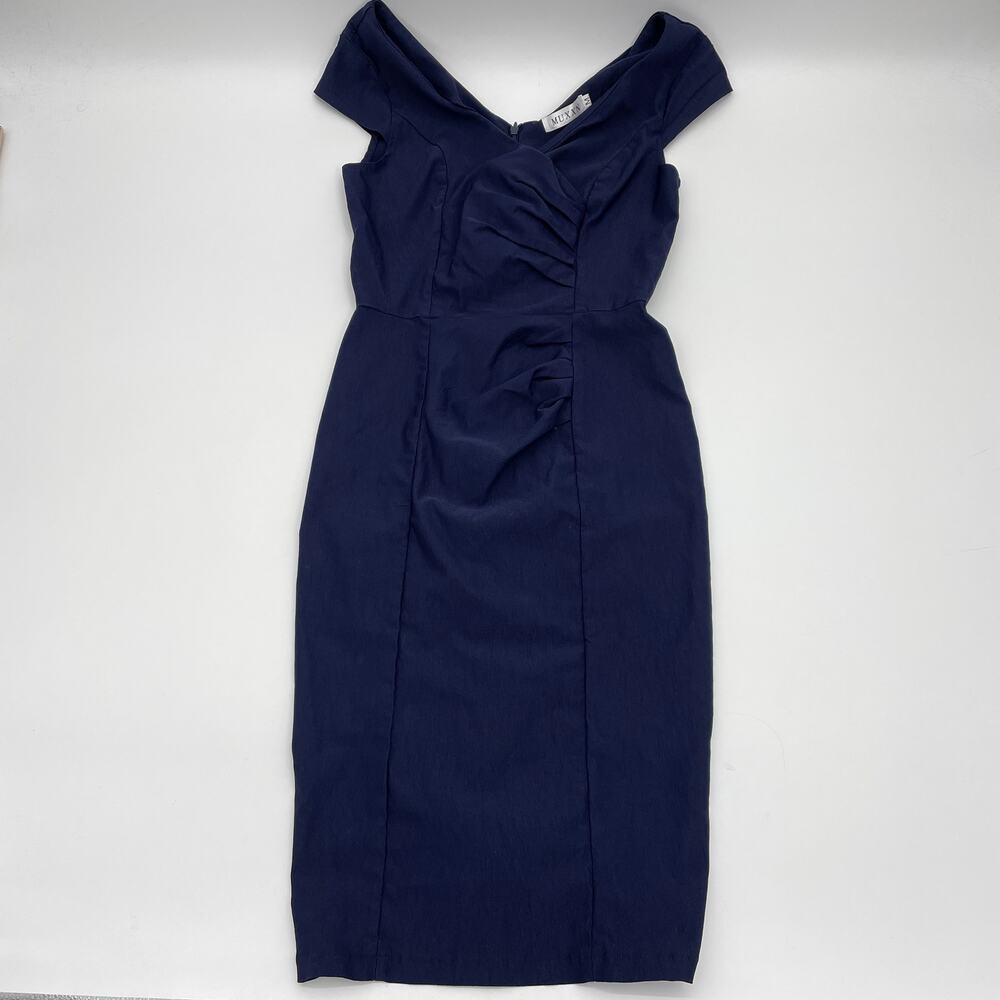 MUXXN Dress Navy Blue Retro Inspired Body Con Knee Length Stretch Women's MED